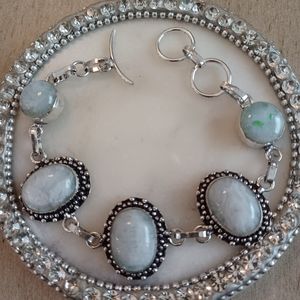 Rainbow Moonstone Silver Link Oval Beaded Adjustable Bracelet